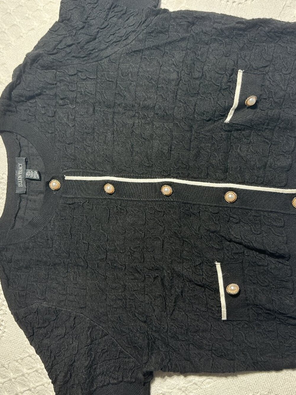 Ellen Tracy Black Textured Cardigan Pearl Buttons Large
